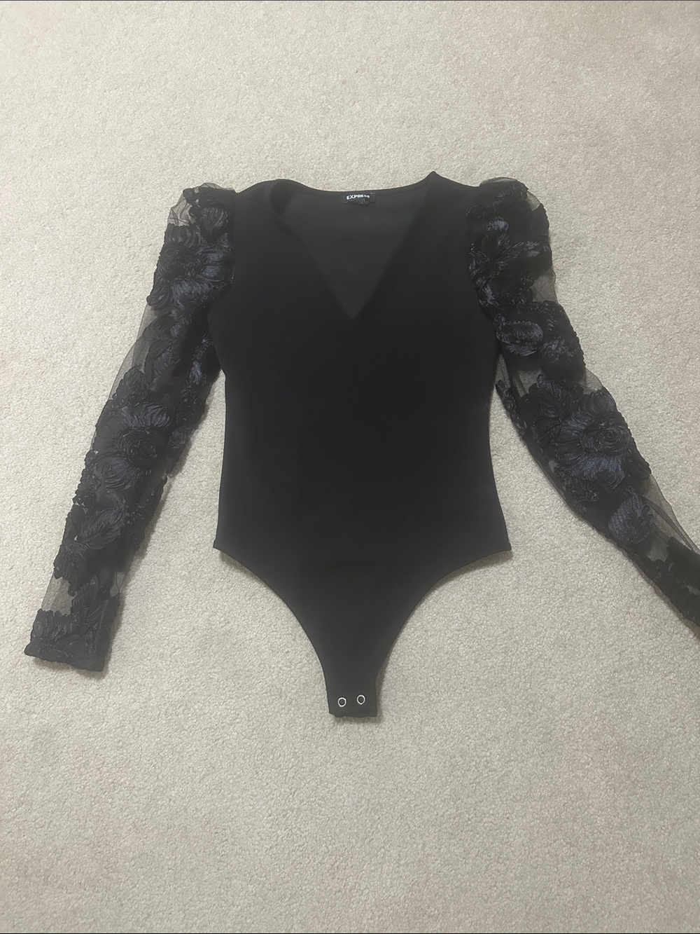 Express Black V-Neck Bodysuit with Floral Lace Sleeves